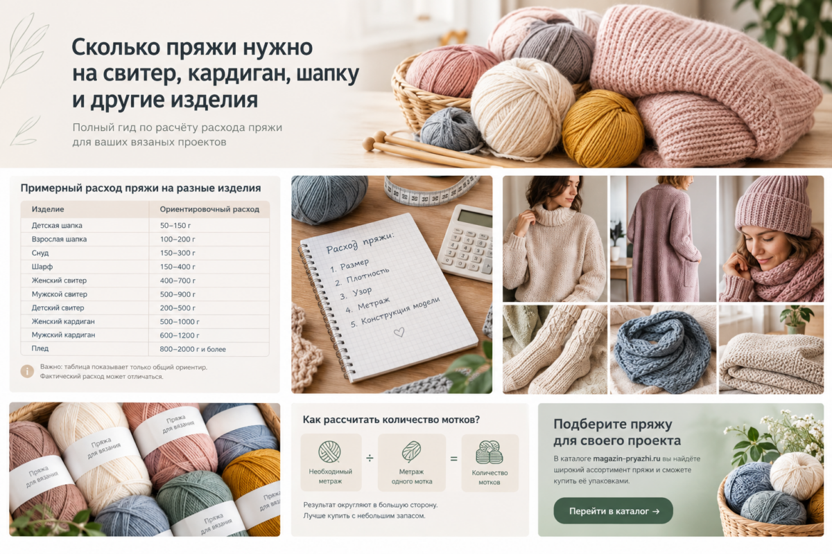Сколько пряжи нужно на свитер, кардиган, шапку и другие изделия