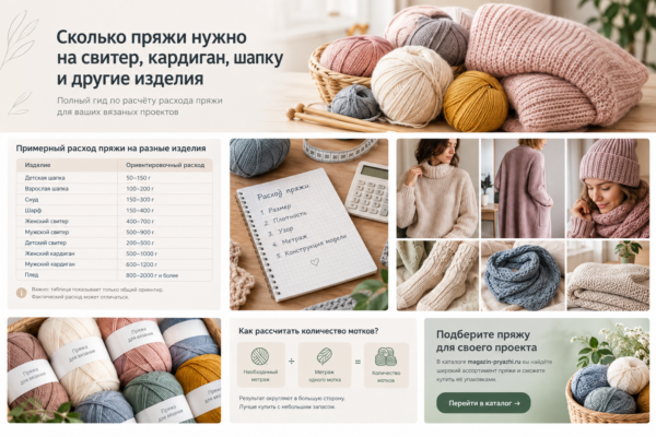 Сколько пряжи нужно на свитер, кардиган, шапку и другие изделия